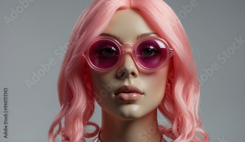 Pink-haired woman with sunglasses in studio portrait.