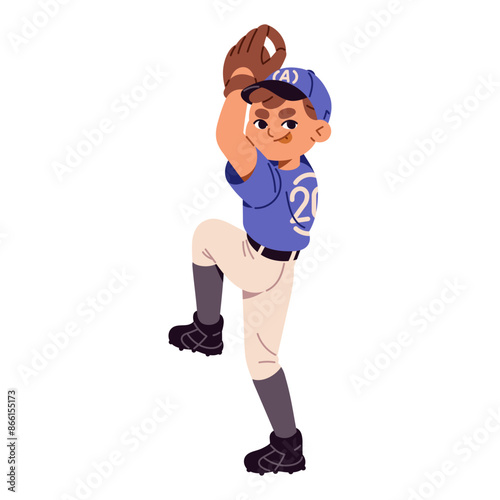 Cute boy in cap plays American baseball. Happy kid in sports glove swings to throw ball. Young pitcher, player in uniform pitches during game. Flat isolated vector illustration on white background