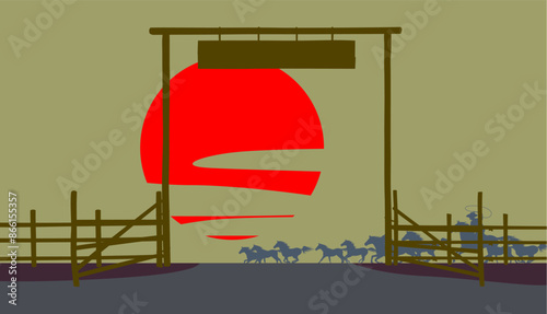 Silhouette of an open wooden gate of the farm of the Wild West with a sign and a fence against the sunset sky with silhouette of a herd of horses and 
a cowboy. Vector illustration in flat sty