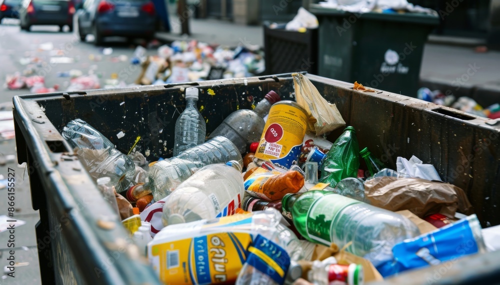 Dumpster being filled with mixed trash, Trash bin full with garbage. incorrect waste management idea Dumpster being filled with mixed trash, Trash bin full with garbage. incorrect waste management idea