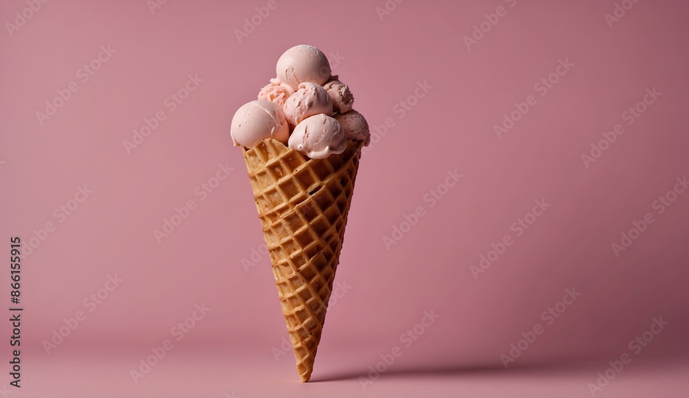 Ice cream cone with multiple scoops of pink ice cream. Ice cream cone with multiple scoops of pink ice cream.