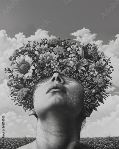 Surreal portrait of a person with a floral crown obscuring eyes, blending nature and human elements in black and white, symbolizing blind vision