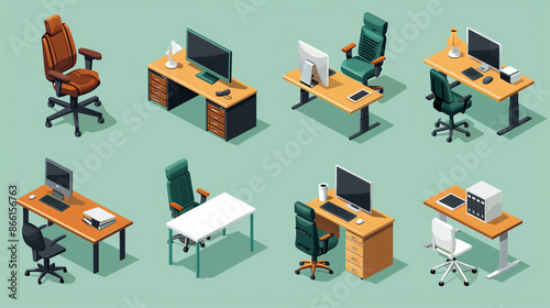 Zbiór izometrycznych ikon mebli biurowych, obejmujący biurka i krzesła. Każda ikona jest precyzyjnie zaprojektowana, aby odzwierciedlać nowoczesny styl i funkcjonalność photo
