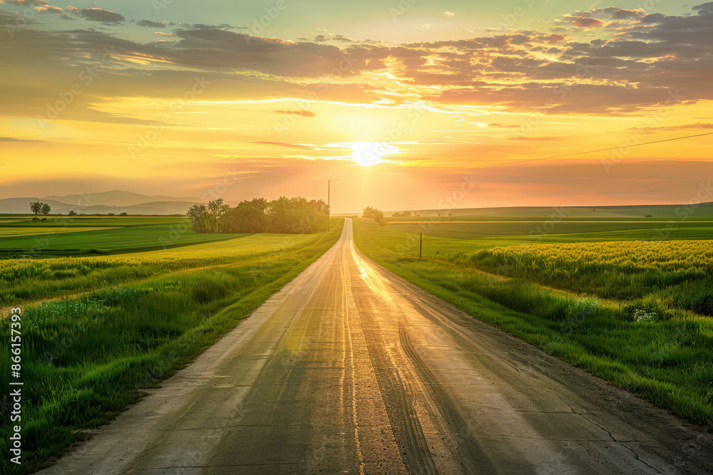 Country gravel road and green wheat field with sky clouds at sunset Country gravel road and green wheat field with sky clouds at sunset
