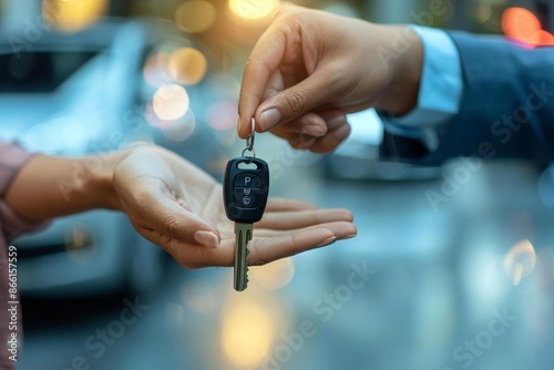 close-up shot of a valet's hand presenting a car key to a businessperson, showcasing the seamless and personalized service offered by valet parking.