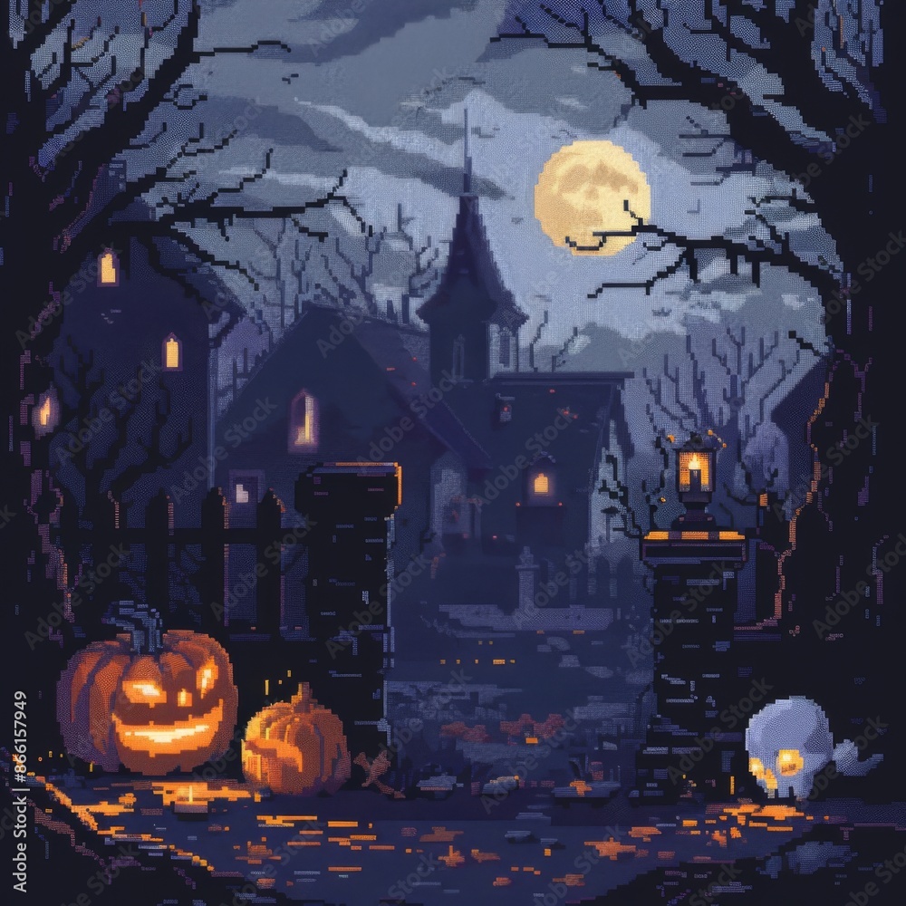 Fototapeta premium Pixel art illustration of a spooky Halloween night with haunted house, cemetery, and Jack-o'-lanterns. Perfect for game design, wallpaper, or spooky celebration concepts