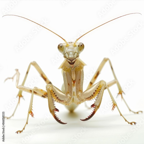 A mantispid, resembling a mix of mantis and wasp, intriguingly posed on a white background.