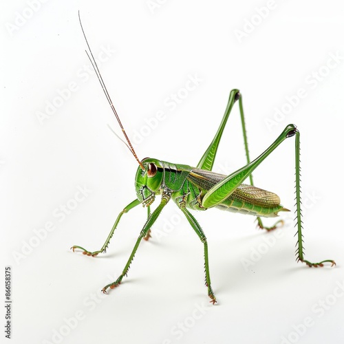 A grasshopper with long jumping legs, captured mid-leap on a white background.  © RDO