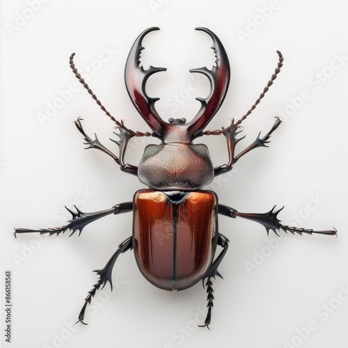 A stag beetle with its formidable pincers, displayed prominently against a white background.  photo