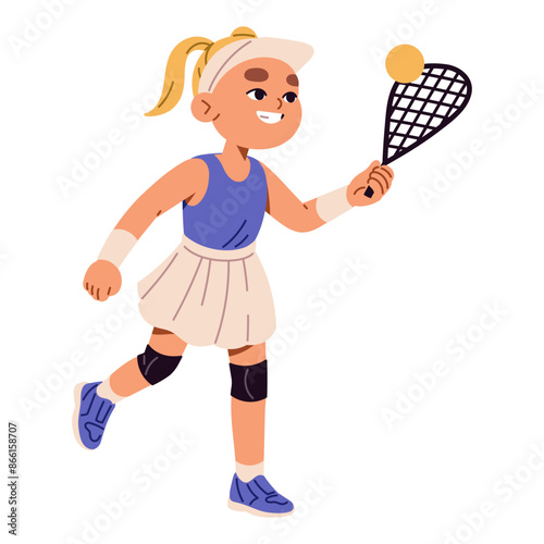 Cute child plays squash, court game. Happy kid runs, rushes to hit ball with racket. Little girl tennis player in sportswear: skirt, cap visor. Flat isolated vector illustration on white background