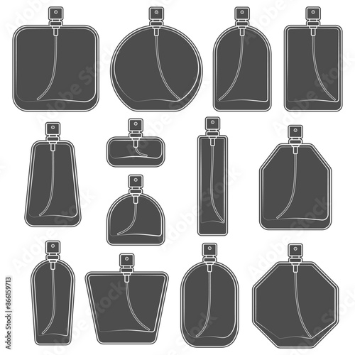 Set of black and white illustration with bottle of perfume spray. Isolated vector object on white background.
