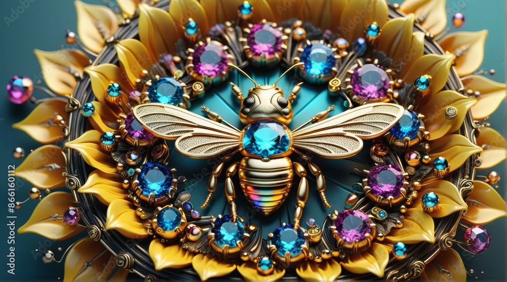 Naklejka premium Jewel-Encrusted Mechanical Bee with Gemstone