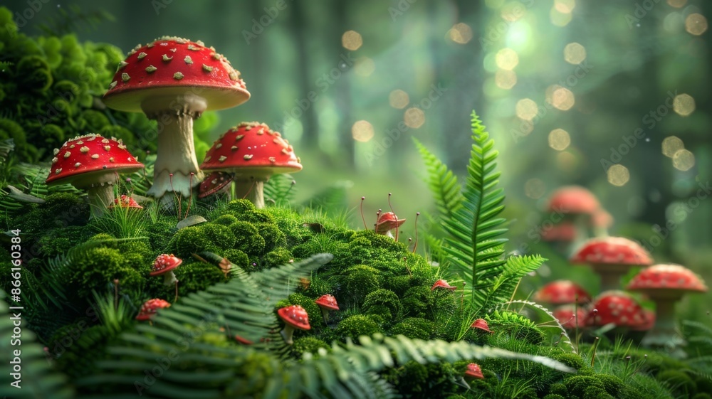 Enchanted Forest Floor. Vibrant Red Mushrooms and Lush Greenery