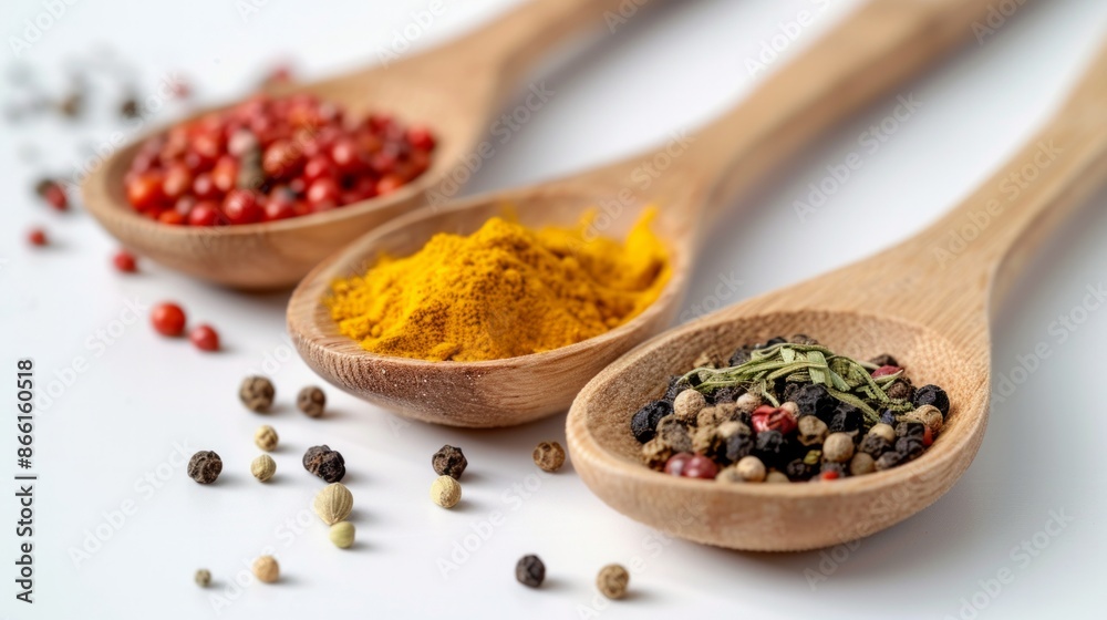 Spices in wooden spoons on a white background, captured with ultrarealistic detail with Sony Alpha 1 50mm lens. AI generative Spices in wooden spoons on a white background, captured with ultrarealistic detail with Sony Alpha 1 50mm lens. AI generative