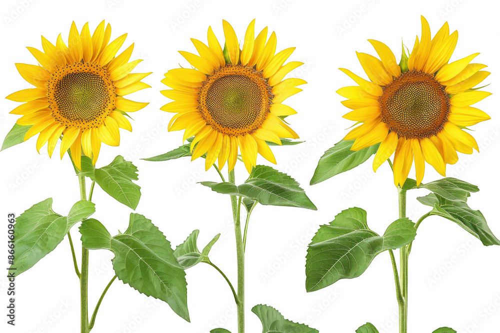 Three Yellow Sunflowers with Green Leaves Three Yellow Sunflowers with Green Leaves