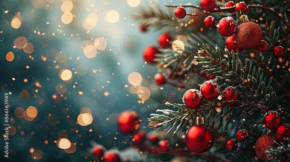 A close-up of a Christmas tree branch adorned with red ornaments and berries, against a bokeh background, evoking the festive holiday season's warmth and joy. A close-up of a Christmas tree branch adorned with red ornaments and berries, against a bokeh background, evoking the festive holiday season's warmth and joy.