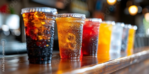 Assortment of Carbonated Drinks in Plastic Cups at Cafes. Concept Cafes, Carbonated Drinks, Plastic Cups, Refreshing Beverages, Cafe Menu photo