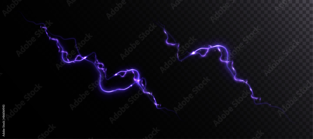 Abstract blue purple lightning effect, bright light effect PNG. Lightning energy discharge effect isolated on dark background for web design and illustrations.