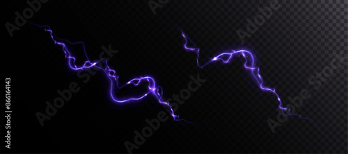 Abstract blue purple lightning effect, bright light effect PNG. Lightning energy discharge effect isolated on dark background for web design and illustrations.