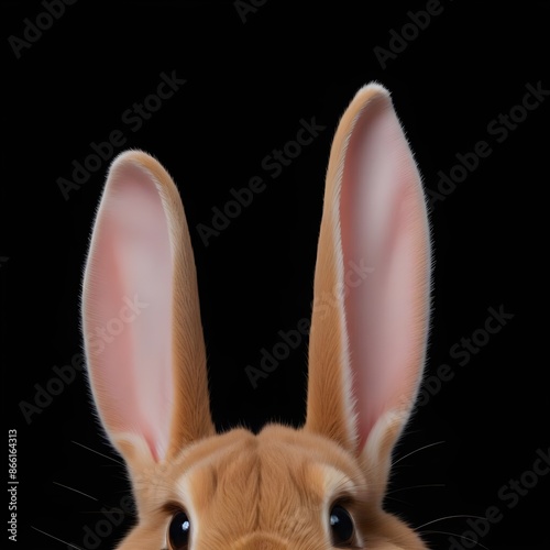 Peeking rabbit on a black background with copy space