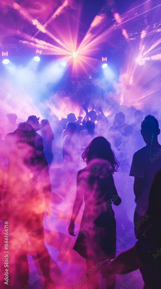 Obraz premium silhouette of people dancing on dance floor colorful psychedelic lights and smoke machine rave dance party nightclub interior
