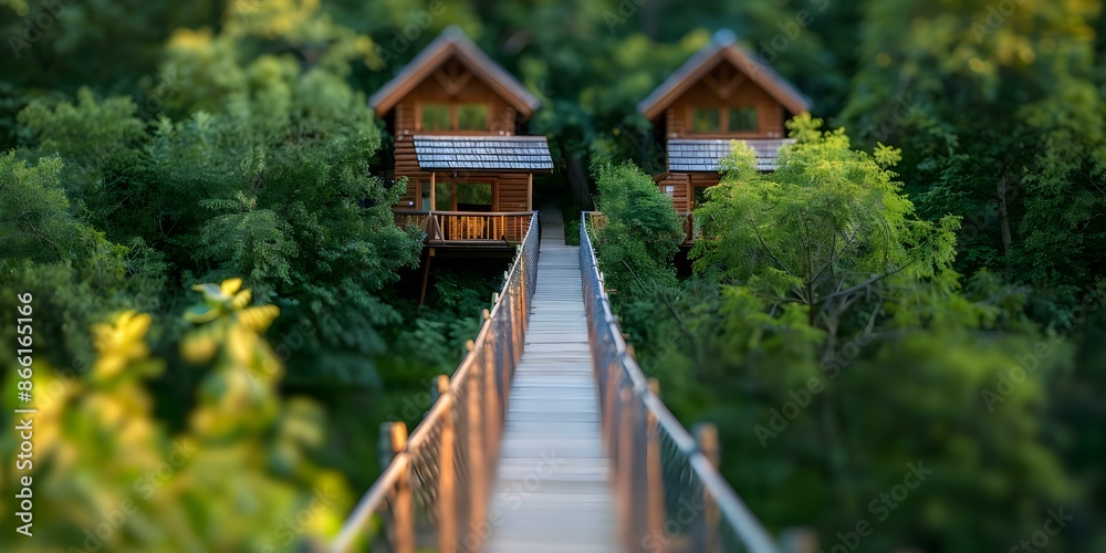 Elevated Forest Village Treehouses Linked by Bridges and Ziplines. Concept Adventure Photography, Aerial Views, Treehouse Architecture, Suspension Bridges, Zipline Excitement
