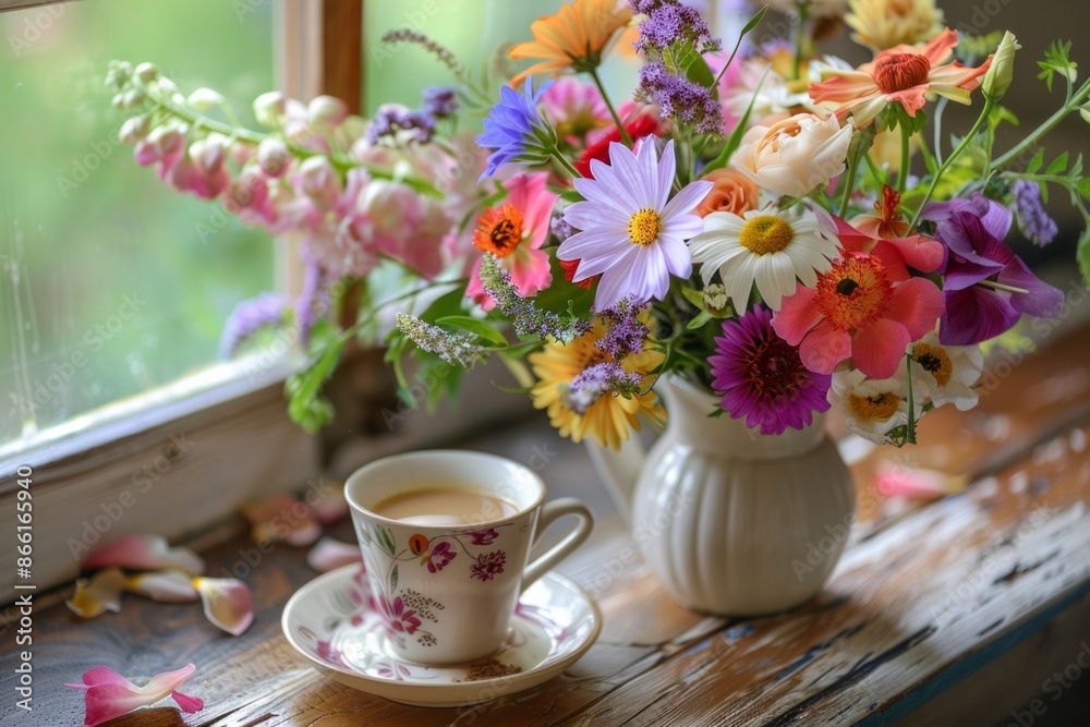 A beautiful arrangement of fresh flowers in a vase beside a cup of coffee, creating a vibrant, cheerful scene A beautiful arrangement of fresh flowers in a vase beside a cup of coffee, creating a vibrant, cheerful scene
