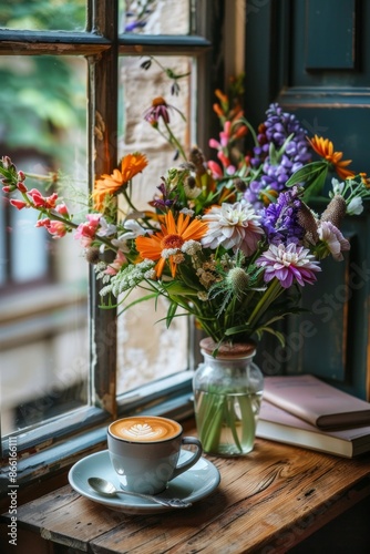 A beautiful arrangement of fresh flowers in a vase beside a cup of coffee, creating a vibrant, cheerful scene 