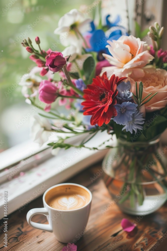 A beautiful arrangement of fresh flowers in a vase beside a cup of coffee, creating a vibrant, cheerful scene A beautiful arrangement of fresh flowers in a vase beside a cup of coffee, creating a vibrant, cheerful scene