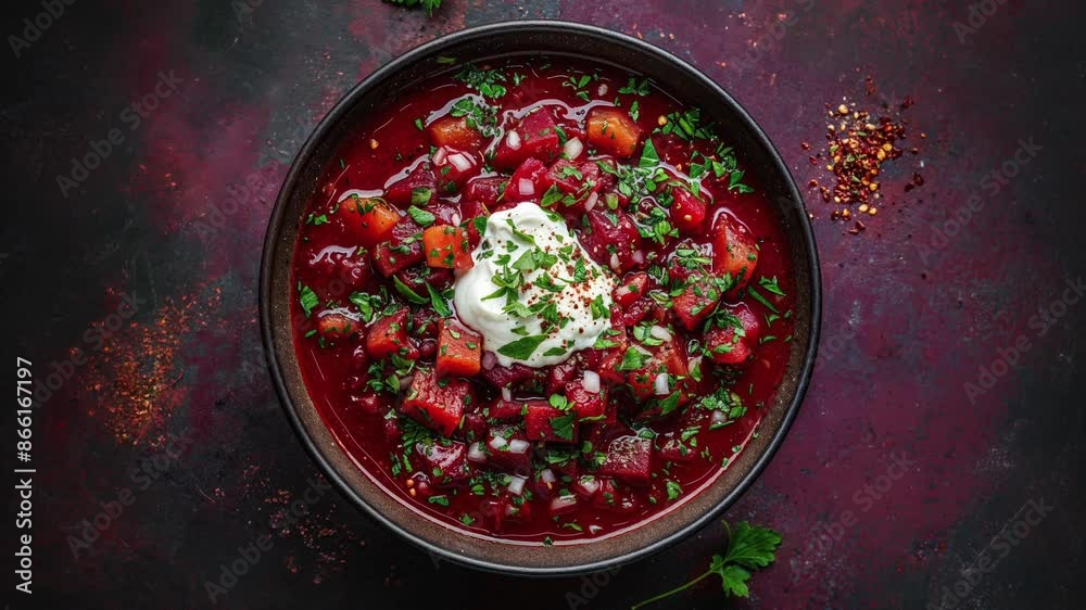 Bowl of Traditional Ukrainian Borscht with Sour Cream