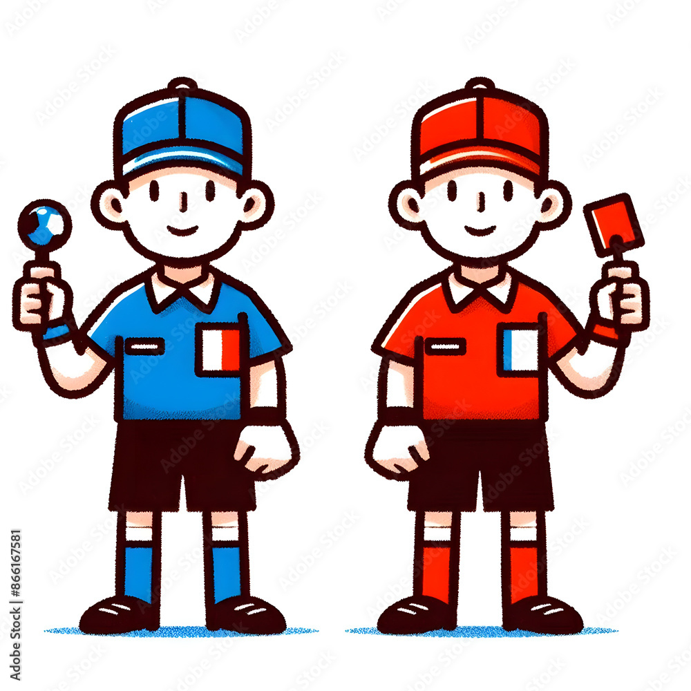 A simple drawing of Swiss and Italian football referees in their distinctive red and blue uniforms, holding whistles and cards. A simple drawing of Swiss and Italian football referees in their distinctive red and blue uniforms, holding whistles and cards.