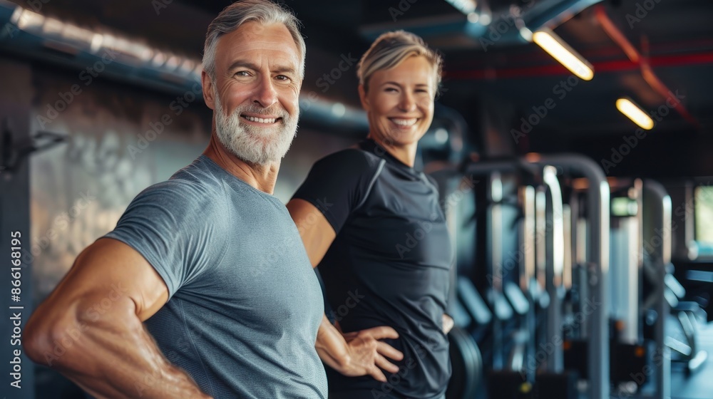 Fototapeta premium Senior man and woman stand in gym