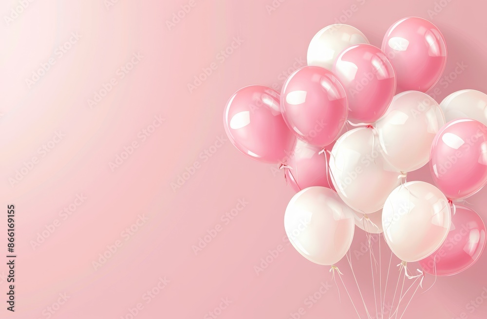 Happy birthday background with pink and white balloons, text "HAPPY ...