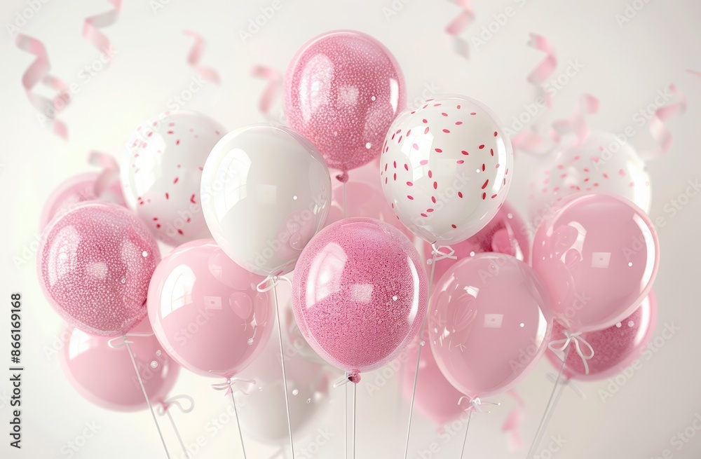 Happy birthday background with pink and white balloons, text "HAPPY ...