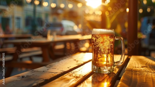 A mug of beer on a wooden table against the background of an outdoor cafe.An alcoholic drink at a party, vacation or birthday party.