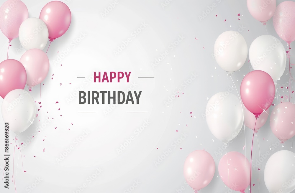 Happy birthday background with pink and white balloons, text "HAPPY ...