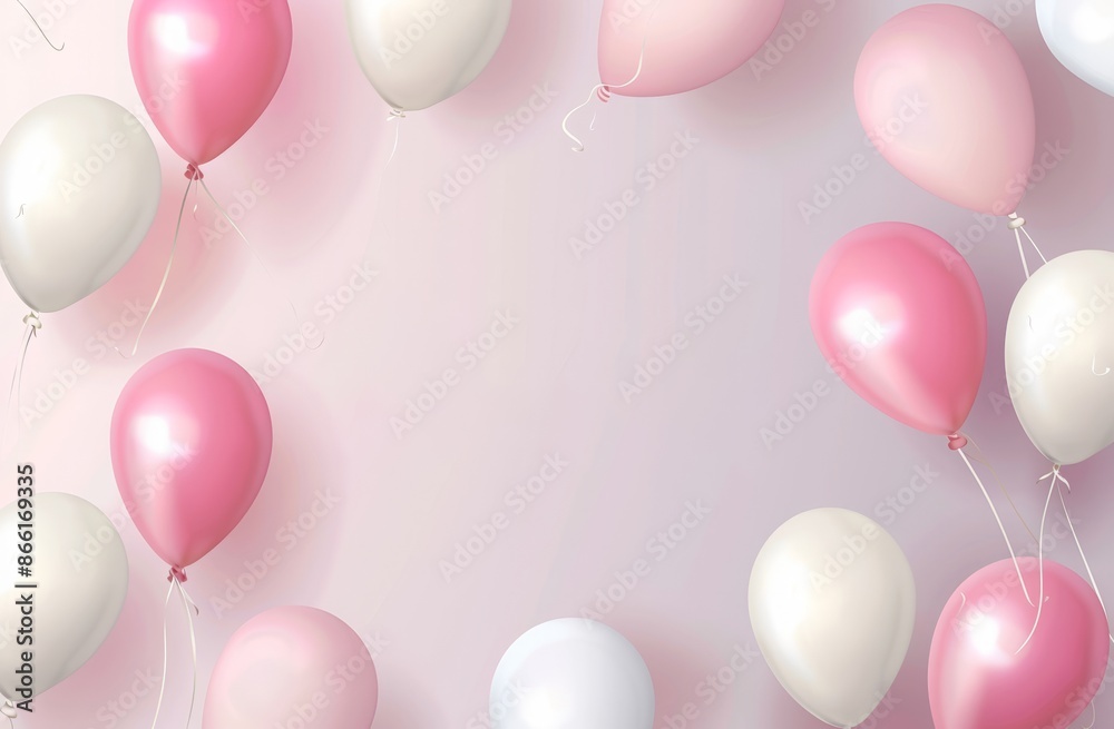 Happy birthday background with pink and white balloons, text "HAPPY ...
