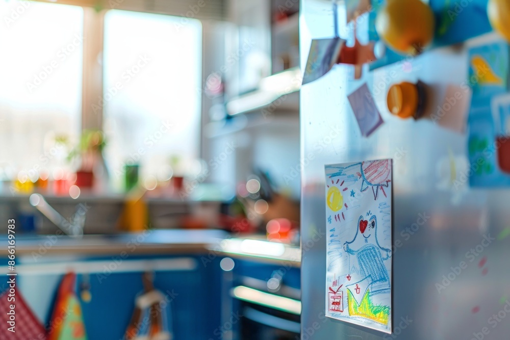 A child's colorful drawing attached to a fridge, with a softly blurred background of a kitchen with family activities. A child's colorful drawing attached to a fridge, with a softly blurred background of a kitchen with family activities.