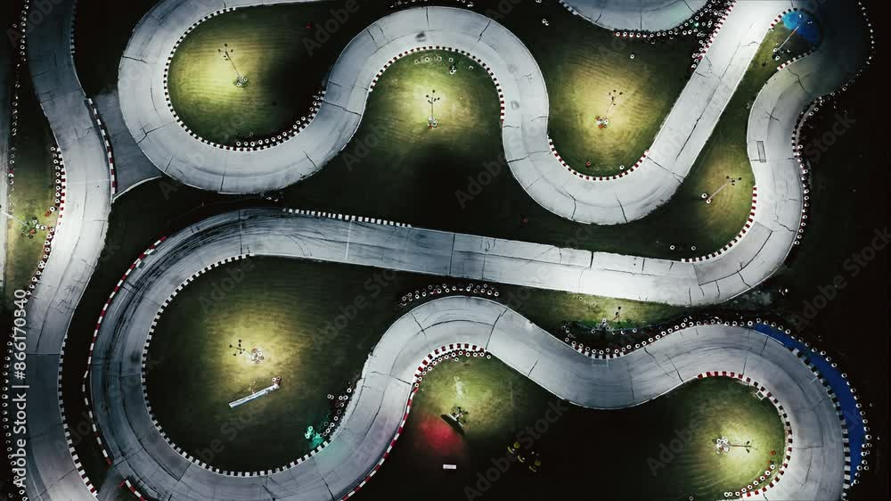 Aerial view night karting track with fast going kart cars in accelerated time lapse. Summer holidays and fun for the whole family on holiday