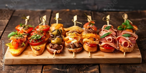 Fototapeta Naklejka Na Ścianę i Meble -  Basque Countrys classic pinchos tapas selection in San Sebastian Spain. Concept Spanish Cuisine, Basque Country, Pinchos, Tapas, San Sebastian
