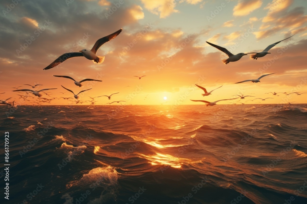 Naklejka premium Flying bird sea sunlight.