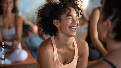 Women laughing together while sitting on a yoga mat in a yoga class. Exchanging funny ideas together © BB_Stock