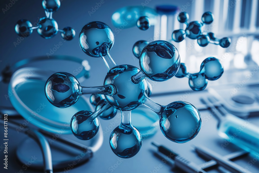 Abstract glass molecules model floating in a science background, highlighting biology and science concepts with selective focus. Abstract glass molecules model floating in a science background, highlighting biology and science concepts with selective focus.