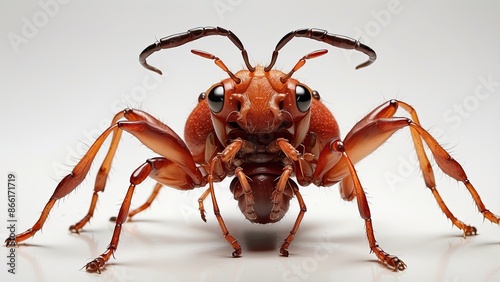 An intricate drawing of a terrifying Fire Ant with its six legs, two antennae, and two mandibles displayed against a strong white background. © Uzair