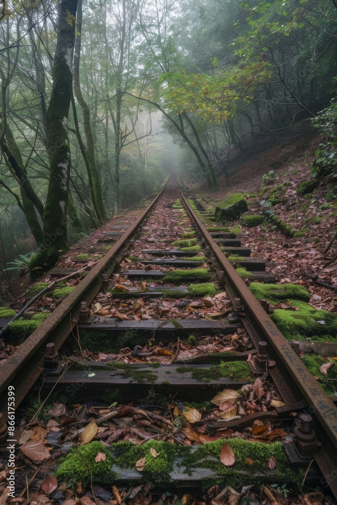Obraz premium Abandoned railway tracks in a forest covered with autumn leaves 