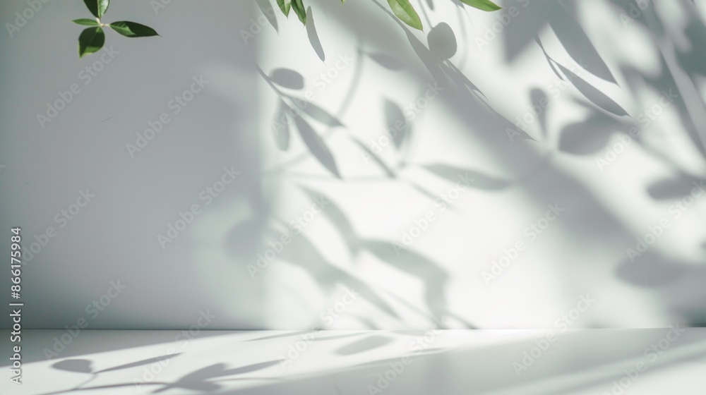 Blurred shadow from leaves on the light white wall. Minimal abstract background for product presentation. Spring and summer. Blurred shadow from leaves on the light white wall. Minimal abstract background for product presentation. Spring and summer.