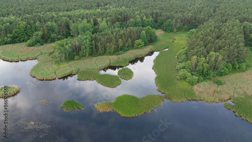 Aerial view of forest and lake with sky reflection photo