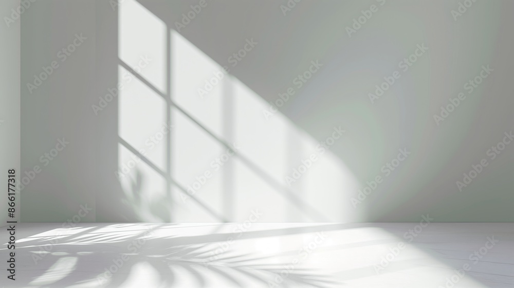 Abstract white studio background for product presentation. Empty room with shadows of window. Display product with blurred backdrop. potted plant Abstract white studio background for product presentation. Empty room with shadows of window. Display product with blurred backdrop. potted plant