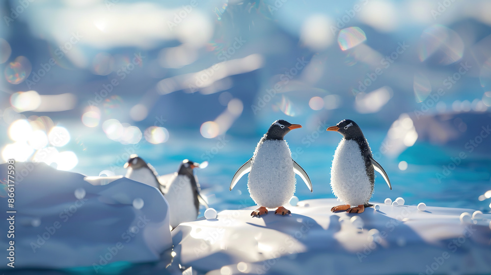 Obraz premium 3D Miniature Antarctic Ice and Snow World with Penguins Gathering for Warmth Surrounded by Icebergs and Oceans. Sunlit Scenes Rendered in Dreamy Realism with Wide-Angle Lenses and Depth of Field Creat