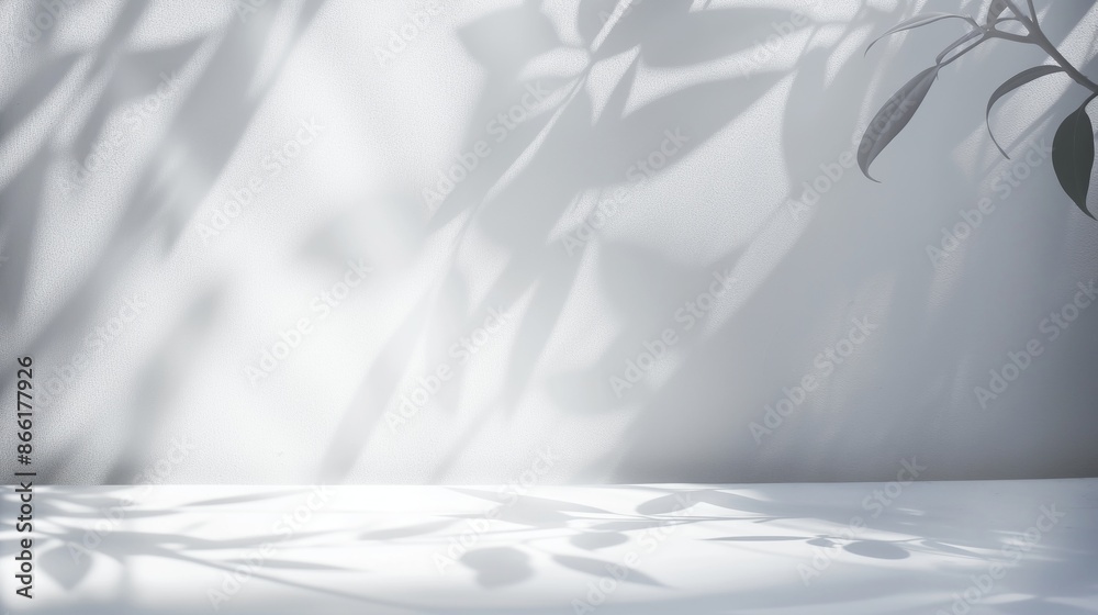 Obraz premium Blurred shadow from leaves on the light gray wall. Minimal abstract background for product presentation. Spring and summer.